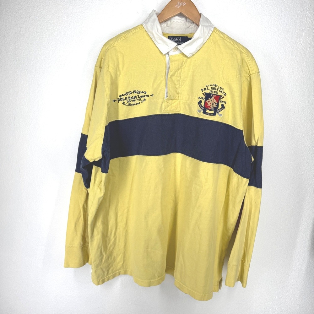 Vtg Polo Ralph Lauren Rugby Shirt Mens XXL Yellow Navy Stripe Thick Long Sleeve